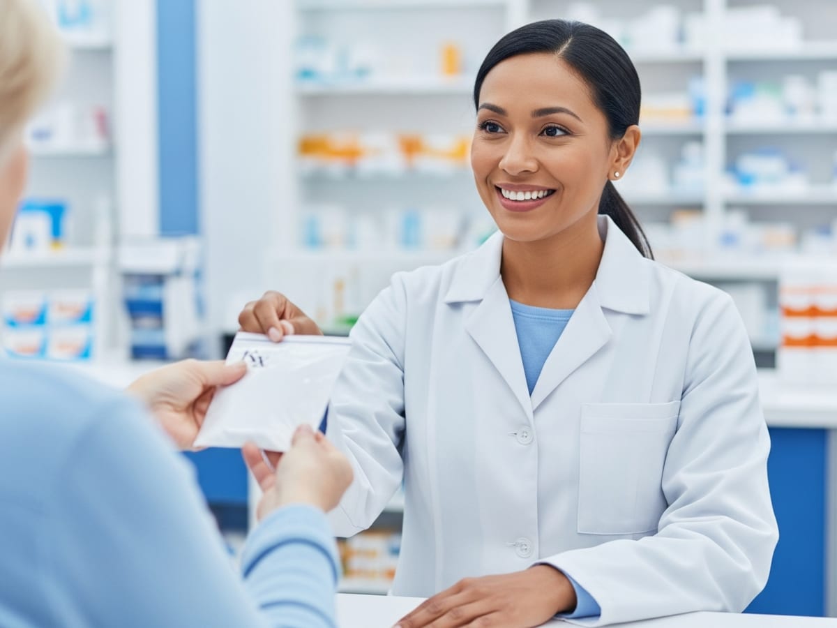 Pharmacist handing a prescription to a smiling patient at the pharmacy counter
